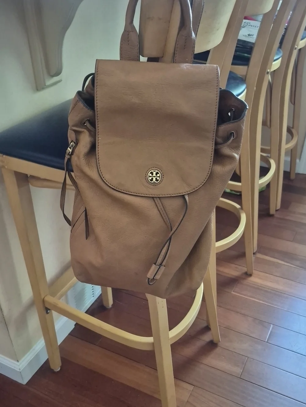 Tory Burch Cognac Leather Drawstring Flap Backpack